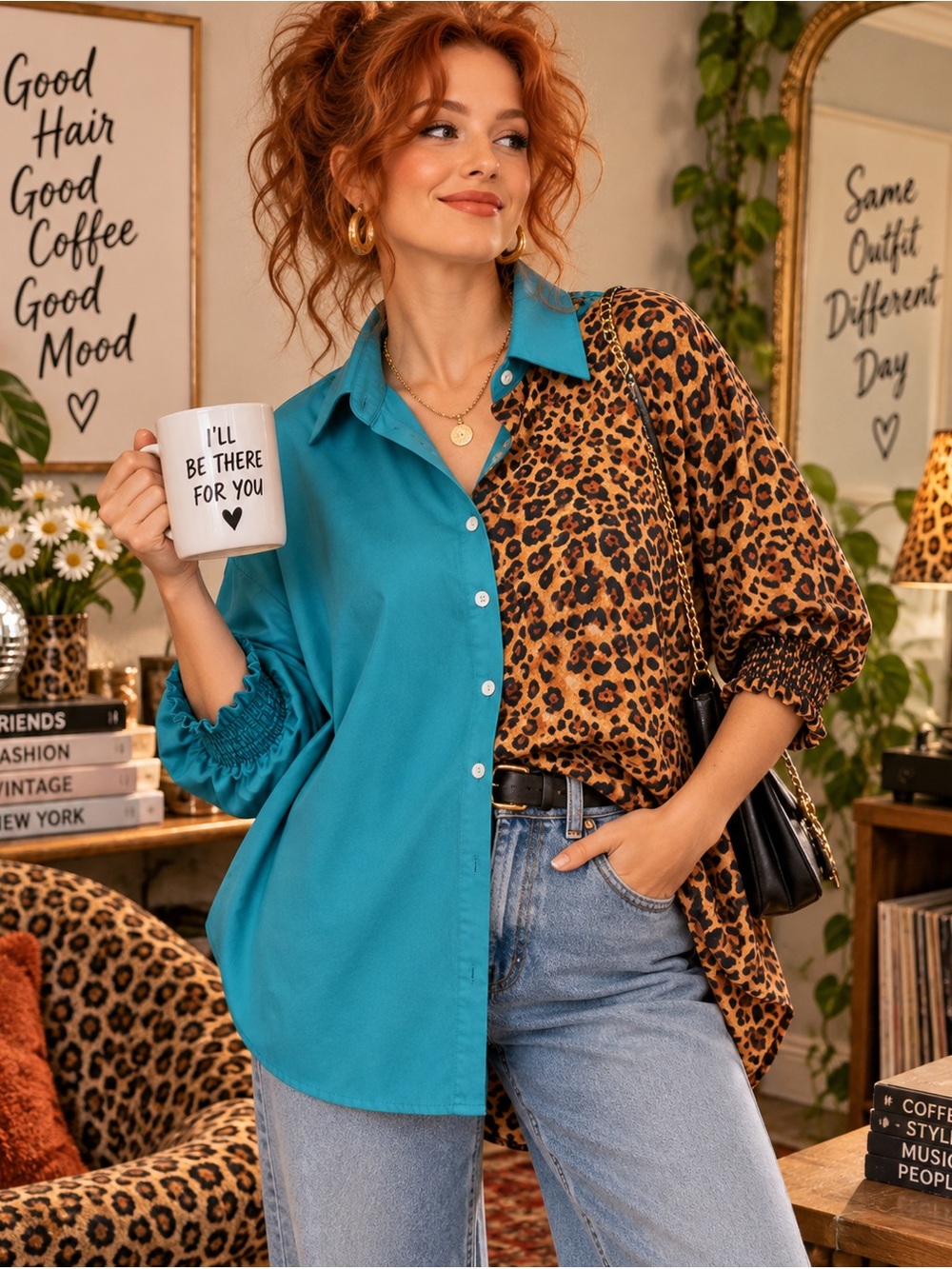 ODDY Leopard Teal Colorblock Oversized Button Front Shirt Size M